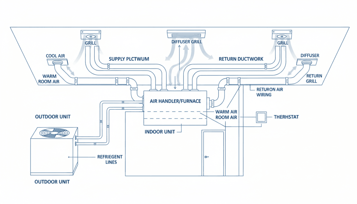 Componentes de un sistema de aire acondicionado por conductos completo