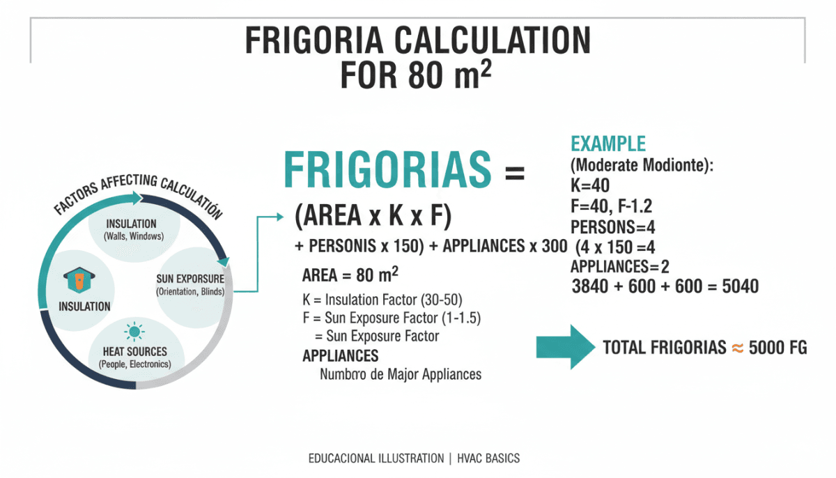 Esquema técnico de cálculo de frigorías para 80m2