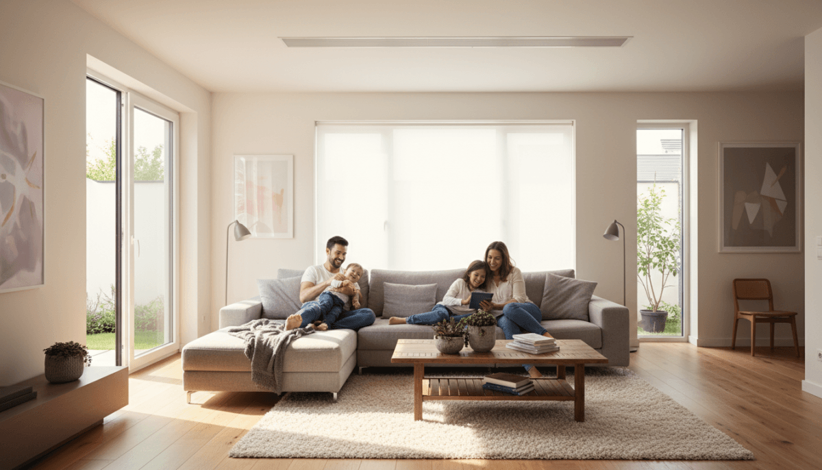 Familia disfrutando de confort térmico en hogar con aire acondicionado por conductos