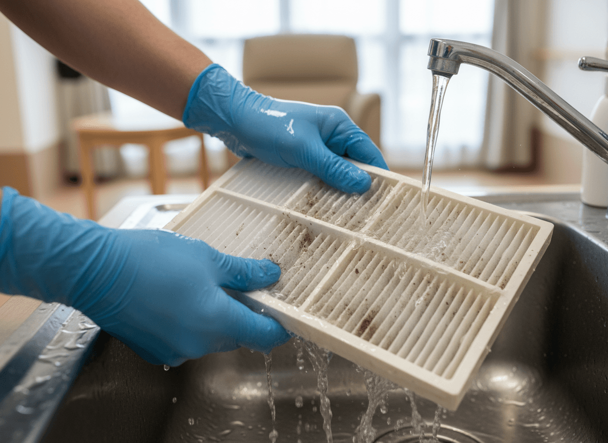 Filtro de aire acondicionado siendo limpiado