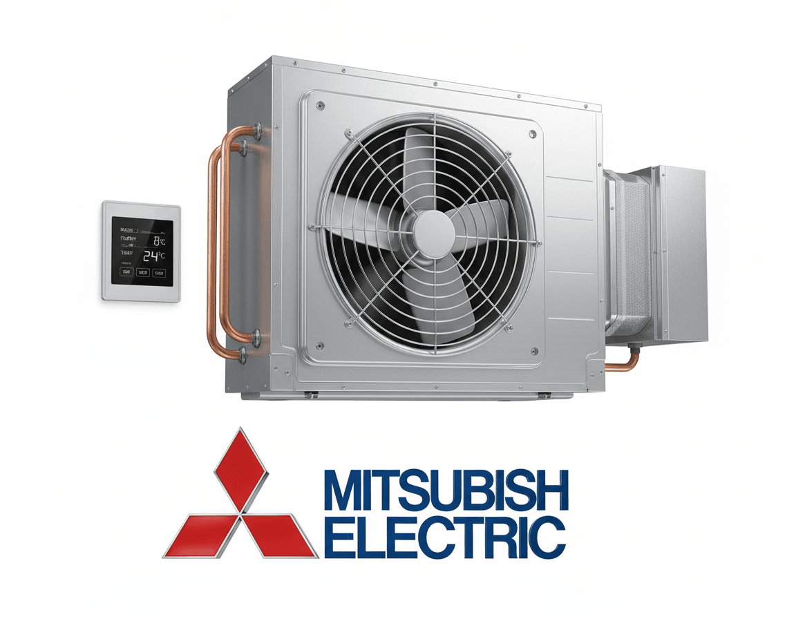 Logo y productos de aire acondicionado Mitsubishi Electric