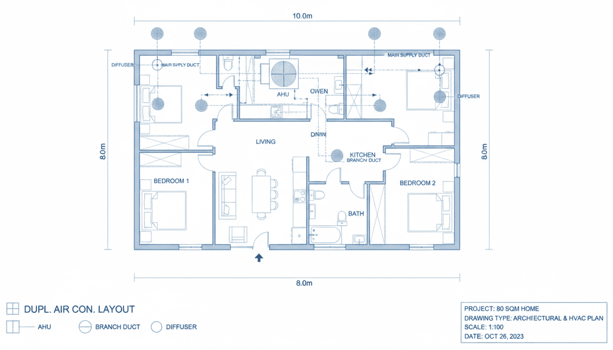 Plano de distribución de conductos en vivienda de 80m2