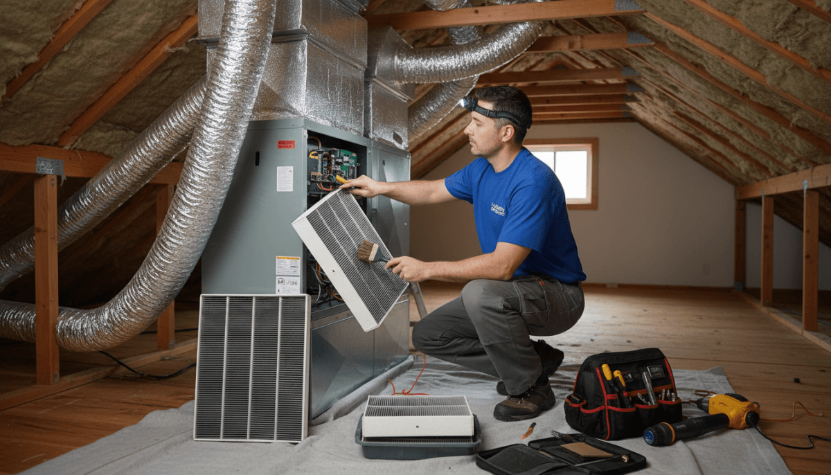 Técnico realizando mantenimiento de aire acondicionado por conductos