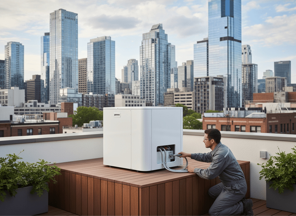 Unidad exterior de aire acondicionado instalada en terraza